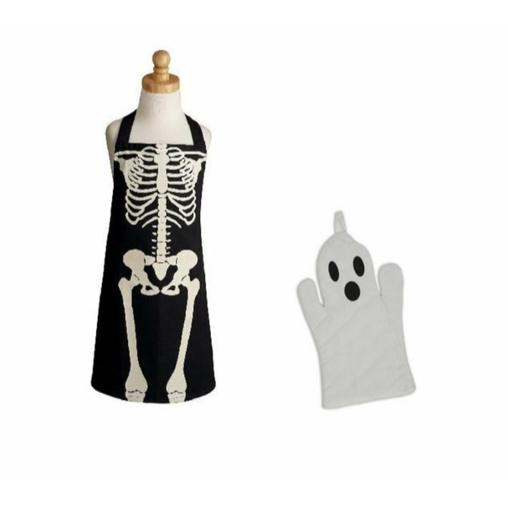 Halloween Skeleton Chef Apron 100% Cotton  CHILD Size PLUS Ghost Oven Mitt